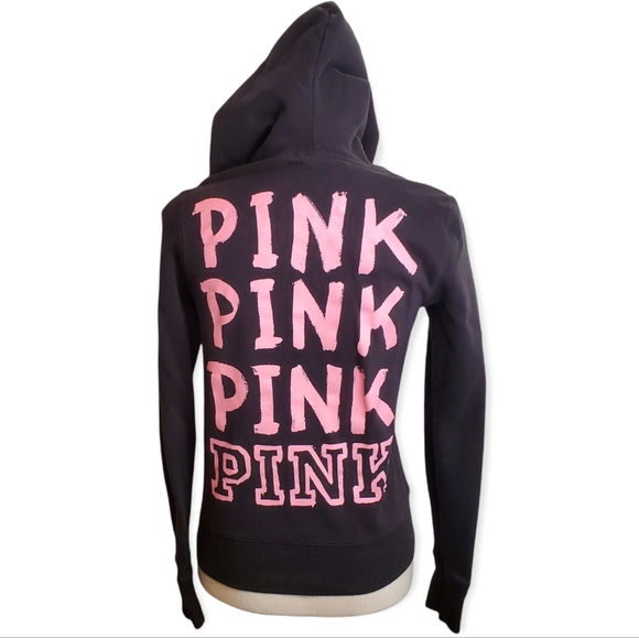 PINK Victoria's Secret Tops - PINK VS | Women's black Pink brand graphic back zipper-front hoodie. Size small.